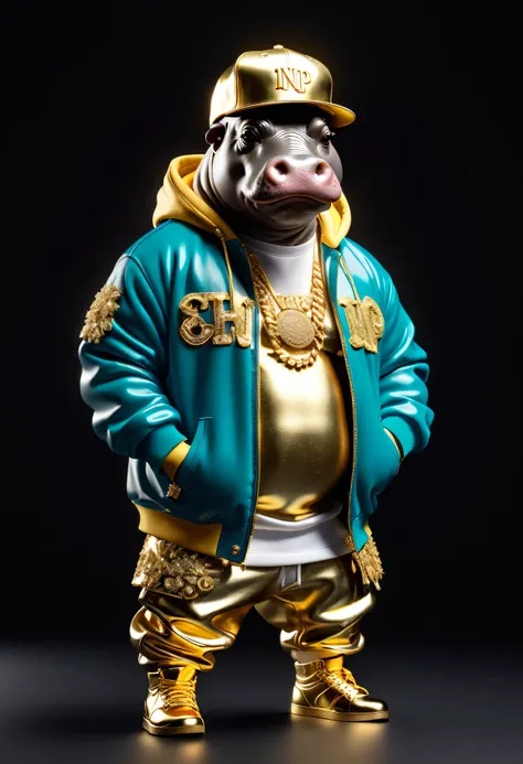 Dressed animals - a ((fat)) hippo hip hop dancer, ((hands on hips)), god of hip hop, highly detailed ((hip hop fashion)) , highly detailed accessories , (wearing sunglasses and cap),, wearing a jacket and hoodie delicately depicted with gold leaf detailing...