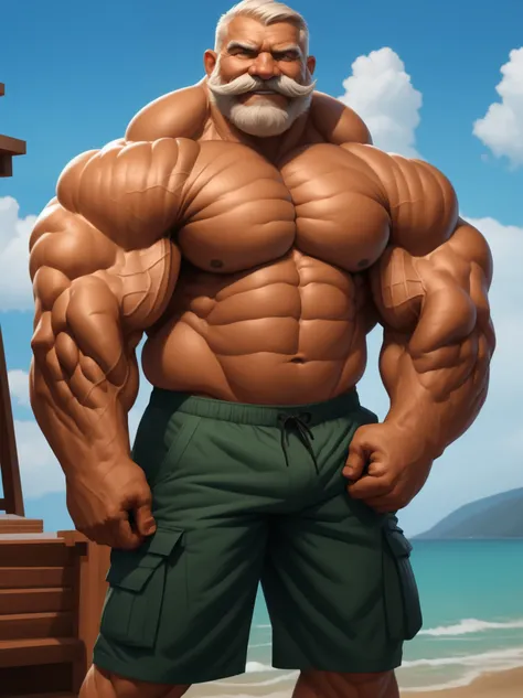 1boy, 1man, solo, gigantic, hyper detailed, (topless, shirtless, cargo shorts), well-muscled old man, bearded, thick mustache. ((extremely huge muscular, massive muscular, extremely muscle size, super thick arms, huge pec, hyper pec, extremely wide pectora...