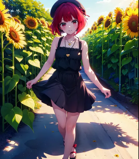 canary, Arima etc., short hair, bangs, (Red eyes:1.3), Redhead, Bobcut, smile,Open your mouth,Tank top,mini skirt,Cute heeled sandals,Heart Necklace,Are standing,Daytime,Clear skies,True Summer,Beret with ribbon,whole bodyがイラストに入るように,
break outdoors,Sunflo...