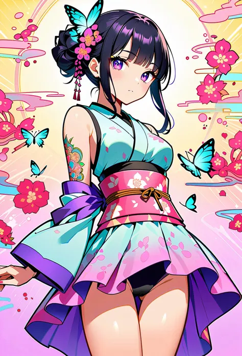 A mesmerizing surreal illustration of a young japanese woman resembling Shinobu Kouchou. She has black hair, purple eyes, a butterfly hair ornament, and wears a vibrant pastel colored outfit adorned with intricate floral patterns. She has a smooth, warm co...