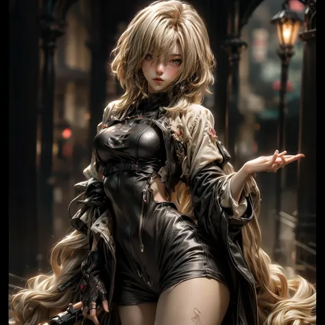 (best quality)), ((Masterpiece)), (details:1.4), 3d, HDR (high dynamic range), an image of a beautiful cyberpunk female, Hips up, cyberpunk, Fantasy, Blonde hair, Curtain Bangs, beautiful Red eyes, จมูกโด่ง, ปากแดง, หน้าอกใหญ่, nvidia RTX, PBR surface, Aft...