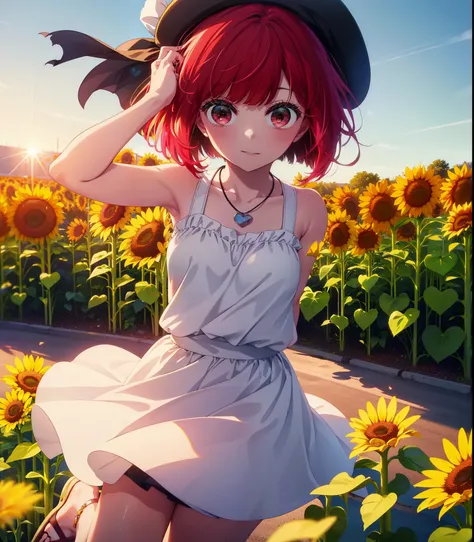 canary, Arima etc., short hair, bangs, (Red eyes:1.3), Redhead, Bobcut, smile,Open your mouth,Tank top,mini skirt,Cute heeled sandals,Heart Necklace,Are standing,Daytime,Clear skies,True Summer,Beret with ribbon,whole bodyがイラストに入るように,
break outdoors,Sunflo...