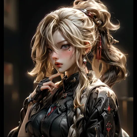 (best quality)), ((Masterpiece)), (details:1.4), 3d, HDR (high dynamic range), an image of a beautiful cyberpunk female, Hips up, cyberpunk, Blonde hair, High ponytail, beautiful Red eyes, จมูกโด่ง, ปากแดง, หน้าอกใหญ่, nvidia RTX, PBR surface, After proces...