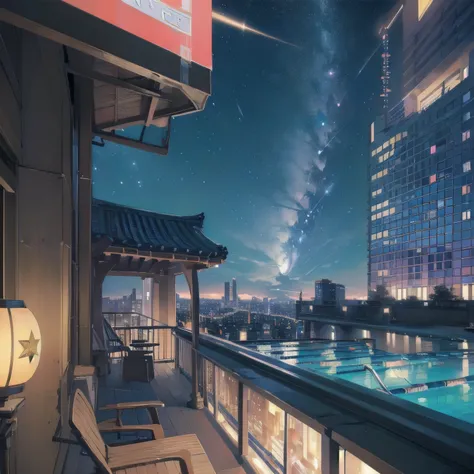 (((Masterpiece, top quality))), (((32K wallpaper))), ultra high resolution、TOKYO、(((Buildings)))、(((Big North Star in the sky)))、Colorful night view、Close-up of the North Star、Highly detailed background、neon、a lot of billboard、Overall blue color、(((Balcony...