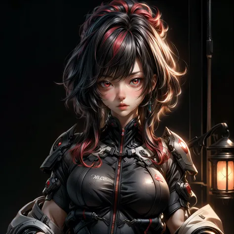 (best quality)), ((Masterpiece)), (details:1.4), 3d, HDR (high dynamic range), an image of a beautiful cyberpunk female, Hips up, cyberpunk, Red hair, Curtain Bangs, Sleek style, beautiful Red eyes, จมูกโด่ง, ปากแดง, หน้าอกใหญ่, nvidia RTX, PBR surface, Af...