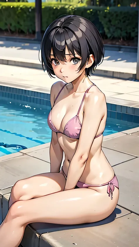 Highest quality、Realistic、、Japanese、zoom、Primary school students、man、cute、Grey Eyes、Black Hair、short hair、Pink Bikini、Bust Shot、thin、Small breasts、Pouting、Pool、Sitting with legs crossed