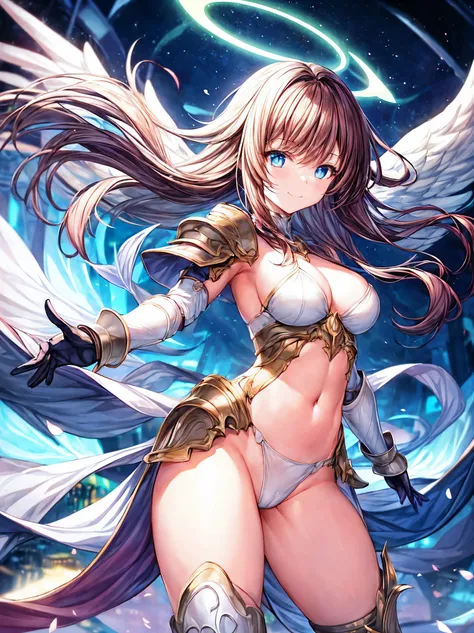 fantasy, 1angel_girl,(young_teen:1.5), ,brown_hair, medium_bob_hair, long_bangs, halo,bare_shoulder,thighhighs,silver_armor, waist_armor, large_breasts,1pair_wings, dynamic_pose_fighting,floating, bare_crotch, headgear,gauntlet, greaves,city_landscape_back...