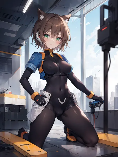 aile_megamanzx, kneeling with hand on the ground , 1girl, solo, short hair, brown hair, short sleeves, (bodysuit), robot ears, green eyes, short_shorts, short sleeves, short over long sleeves, smile, in futuristic city, , high quality, medium_breasts,crotc...