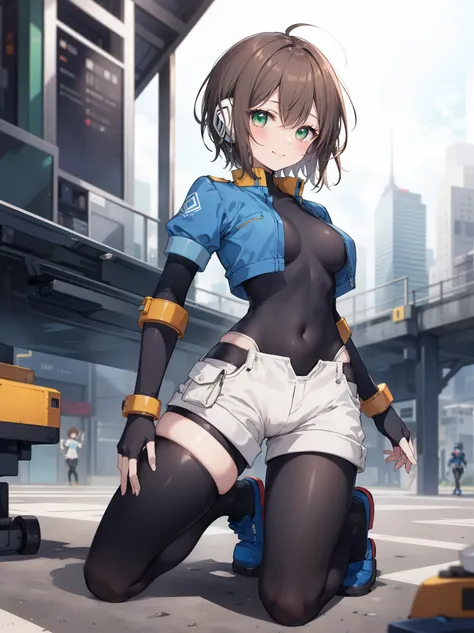 aile_megamanzx, kneeling with hand on the ground , 1girl, solo, short hair, brown hair, short sleeves, (bodysuit), robot ears, g...