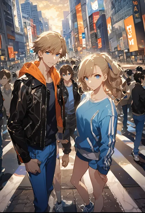 masterpiece, Best Quality, 8k ,4k, Size, wallpapers, anime style, only 2 characters, Young boy and girl, 18 years (A young man, White skin, black messy hair, bright gray eyes, SERIOUS LOOK,. Clean and tidy clothes, He wore an orange Hoodle, blue jeans, y s...