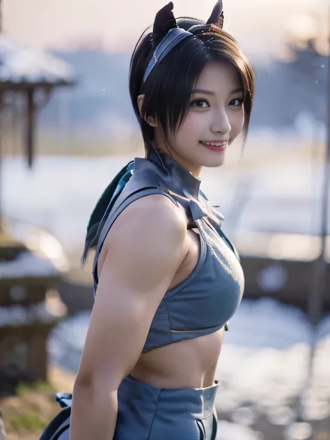 20 year old Japanese beauty，One woman、Muscular body like a bodybuilder、Emphasize the breasts、He wears a headband on his head、Slit eyes、A head-to-toe view，Bust is very very large、The background is a snowy country、High quality photos、Clear, crisp images of t...