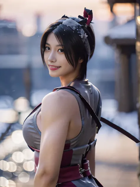 20 year old Japanese beauty，One woman、Muscular body like a bodybuilder、Emphasize the breasts、He wears a headband on his head、Slit eyes、A head-to-toe view，Bust is very very large、The background is a snowy country、High quality photos、Clear, crisp images of t...