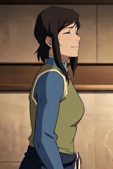 korra,1girl, solo, upper body, side view, viewed from side, smile, sensual expression,eyes closed,leaning forwards,leaned forwar...