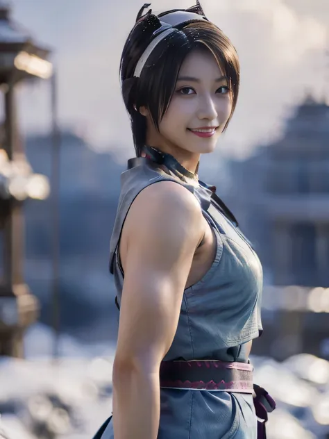 20 year old Japanese beauty，One woman、Muscular body like a bodybuilder、Emphasize the breasts、He wears a headband on his head、Slit eyes、A head-to-toe view，Bust is very very large、The background is a snowy country、High quality photos、Clear, crisp images of t...
