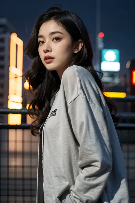 1girl, beautiful, wavy hair, almond eyes, no make up, grey sweatshirt, oversize_shirt, in front of fence, night city, cyberpunk vibes, close up, (from below:1.2), (photorealistic:1.2), (ultra realistic:1.3), (very detailed:1.1), ((masterpiece)),