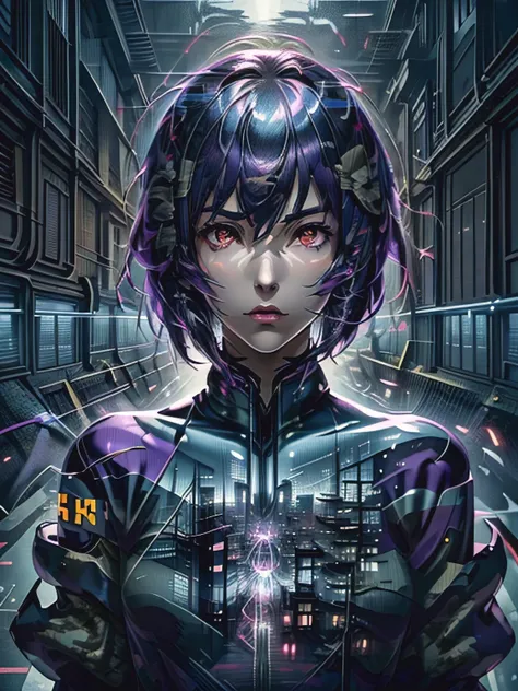 ghost in the shell, motoko kusanagi, very beautiful face, purple short bob cut, slightly asymmetrical bangs, red eyes, ((optical...