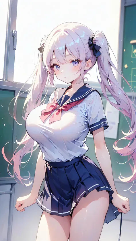 Ultra-high resolution, 8k,high quality,(Ultra-short stature,Gargari body,cowboy shot , ((no hat:1.3))),Slender,Cute hairstyle,(from top),(iridescent light,soft shadow,Anime Painting,thin line drawing),((((super enormous cartoon-like tits,school uniform、Twi...