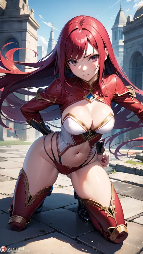 1 girl view, estado de animo : seductora profesional, face: erza escarlet, all realistic intrincate details: " style: anime Fairy tale, Character: Erza Scarlet, anime: fairy tale, full body illustration of Erza Scarlet with all the intricate realistic deta...