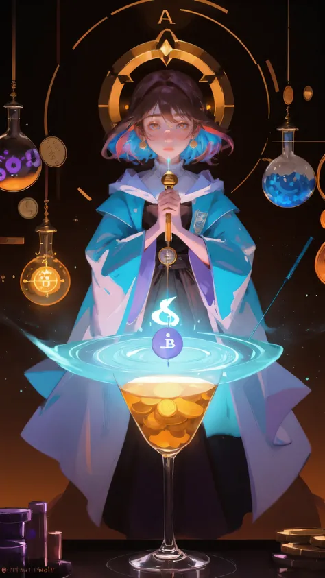 A beautiful young alchemist girl in a flowing robe, working in a mystical laboratory filled with glowing Bitcoin coins and magical potions. The scene captures the essence of Altcoin Alchemy with a rich, brown background, as the girl wields a wand, channeli...