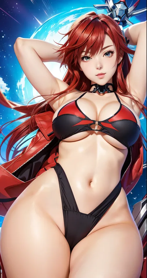 anime girl with red hair and a big breast in a bikini, asuka suit under clothes!, rias gremory, full body zenkai! asuka suit, asuka, biomechanical oppai, oppai, seductive anime girl, miss fortune, marin kitagawa fanart, fujita goro!, ryuko matoi, attractiv...