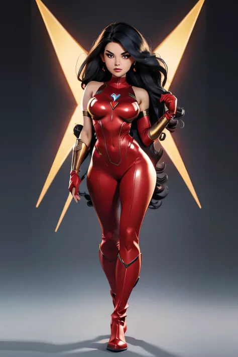 no background, full body shot, superheroine, named crimson bullet,she wears a form-fitting red bodysuit that accentuates her athletic figure. The bodysuit has gold accents, a star emblem on the chest, and intricate designs on the shoulders, hips, and thigh...