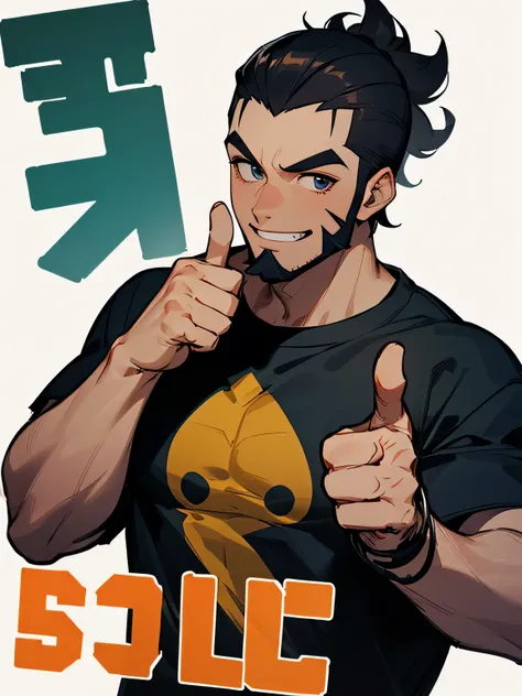 solo, upperbody, man, black upside short perm sideshaved, (dark skin:1.2), big forehead, handsome face,big funny smile, beard:0.6, black t-shirts, jeans, good thumbs up pose, (I am the main character), white simple back ground,