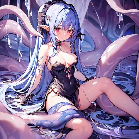 (4K、high resolution、Detailed light、Detailed Shadows、Detailed Design)、1 girl、Light blue hair、Long Hair、ponytail、Fantasy Clothing、Priest、Knee socks、((Bustier))、cave、((Clothes get torn、Monster with tentacles、Tentacle torture、Sex、Tentacles wrap around the limb...