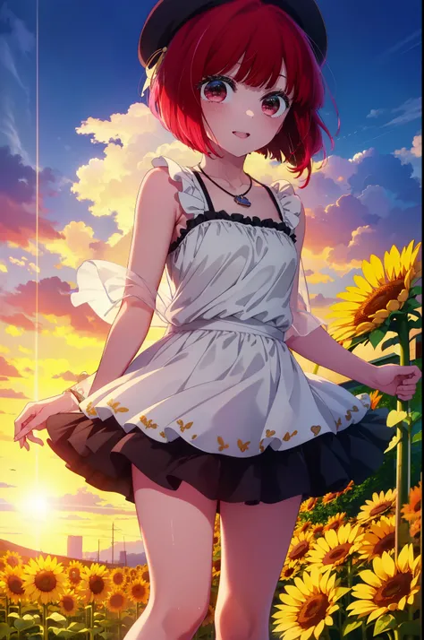 canary, Arima etc., short hair, bangs, (Red eyes:1.3), Redhead, Bobcut, smile,Open your mouth,Tank top,mini skirt,Cute heeled sandals,Heart Necklace,Are standing,Daytime,Clear skies,True Summer,Beret with ribbon,whole bodyがイラストに入るように,
break outdoors,Sunflo...