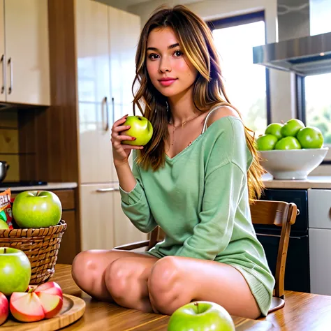 a young pretty girl, straight blond hair, sitting in the kitchen dining table. relaxing enjoy dining time. there is bright and clean kitchen.  girl wearing free and easy. The girl left hand holding green apple while right hand is pushing the junk food on t...