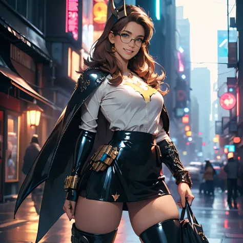 Pretty Caucasian (female), Sarah Shahi, a slim but muscular body, large breasts, dark brown open hairstyle, blue eyes, as Bat-Girl) the batgirl is on a cyberpunk skyscraper, (((black latex batgirl costume with yellow [[[bat]]] motif, [[[black pleated skirt...