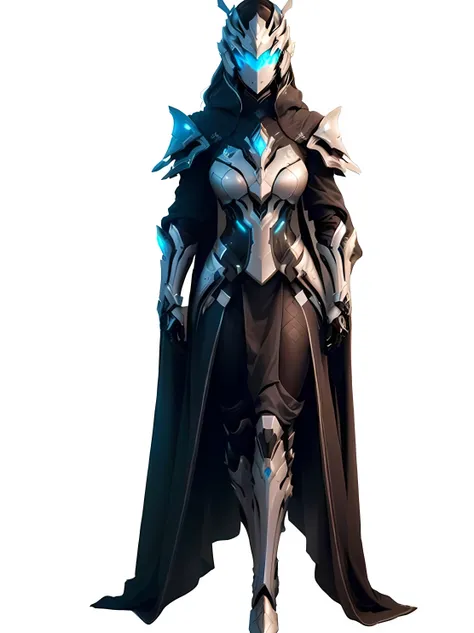 a female character in a black and white outfit with a cape, sliver ice color reflected armor, silver armor, pale black armor, sleek silver armor, with sleek silver armor, style of duelyst, silver intricate armor, silver cyber armor, female armor, blue and ...