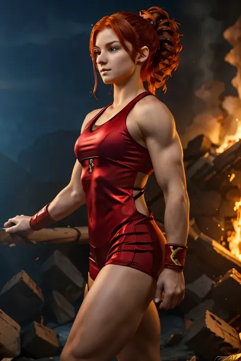 A female wrestler with red hair and fair complexion, in a wrestling ring, (best quality,4k,8k,highres,masterpiece:1.2),ultra-detailed,(realistic,photorealistic,photo-realistic:1.37),extremely detailed eyes and face,longeyelashes,muscular body,athletic,dyna...