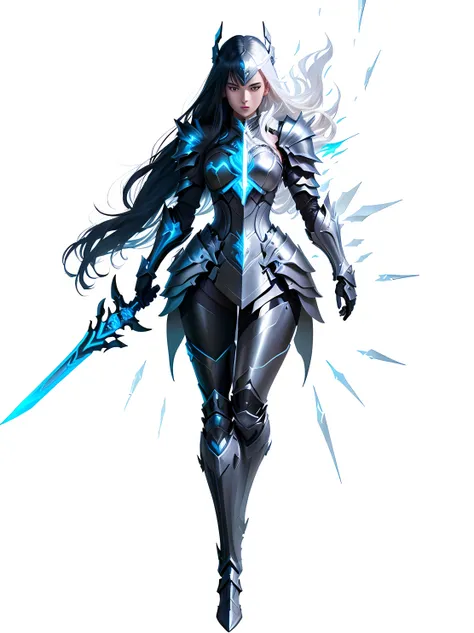 a woman in a black and blue outfit holding a sword, pale black armor, pale blue armor, wearing witchblade armor, armor girl, sliver ice color reflected armor, black shiny armor, stunning armor, blue and ice silver color armor, with sleek silver armor, blue...