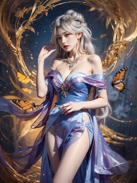 1girl,silver hair,off shoulder,red eyes,long hair,double bun,hair ornament,necklace, Beautiful dance dynamics, Long legs , Play in the pool, ((Flowing long hair))Official Art , Unity8k Wallpaper , Extremely detailed , Visible cleavage, Pretty and beautiful...