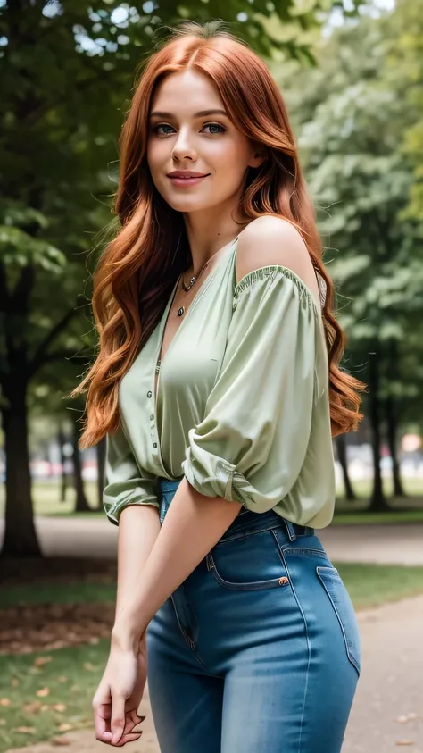 Realistic full body photo of a smiling, Young red-haired girl with long hair, She dances in front of the camera in a long green blouse and tight jeans., Park,glamour fotoshooting, Park, perfect anatomy, perfect green eyes. Perfect hands with 5 fingers on e...