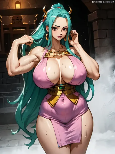 masterpiece,One Piece_Nefertari Vivi ,best quality,One Piece_Nefertari Vivi dress, (gigantic breasts:1.7),(muscle:1.5),in dungeon, looking at viewer, cowboy shot,green hair, curvy, bule eyes,a female tyrant with a penchant for torture,fog,drenched in sweat...