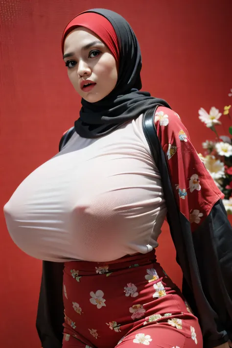 Jumbo (Oversized), Chubby adorable, 1 girl, (face to face), , baby face, angry face expression, half body portrait, (face details: 1), (eye details: 1), ((big breasts)). wearing transparent transparency soft long shirt, hijab, .. Cute posed. proportional b...