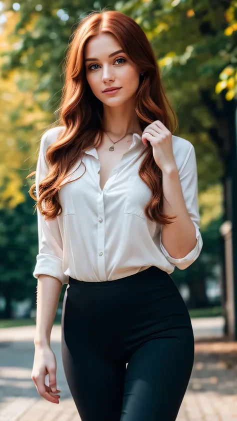 Realistic full body photo of a smiling, Young red-haired girl with long hair, She dances in front of the camera in a long blue tight blouse and tight black pants., Park,glamour fotoshooting, Park, perfect anatomy, perfect green eyes. Perfect hands with 5 f...