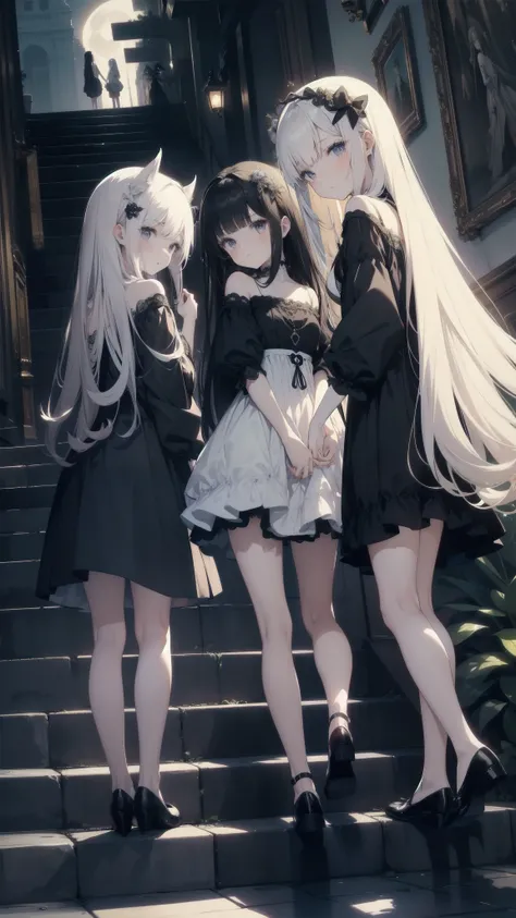 Masterpiece Top Quality

Three Girls Adorned in Delicate Dresses,Their faces showed disgust and contempt，  Akin to the Squid Game Characters

1. With Straight Long Hair, Pale as the Moon，Back，Go up the stairs，Stairs