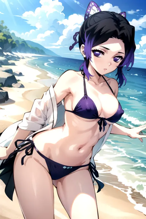 (kochou shinobu), 1 woman, butterfly hair ornaments, hair ornaments, Purple Hair, Multicolored Hair, Black Hair, Purple eyes, smilei, Gradient Hair, Hollow Eyes, short hair, bangs, parted bangs, Mouth closed, Side Lock, (medium breasts), (bulack bikini: 1....