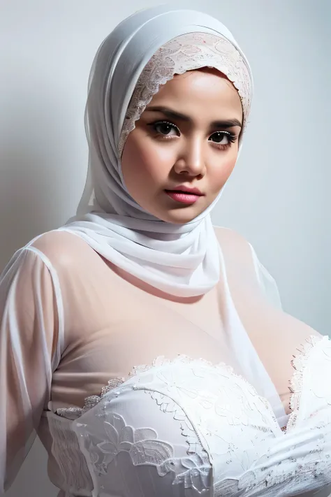 Jumbo (Oversized), Chubby adorable, 1 girl, (face to face), , baby face, angry face expression, half body portrait, (face details: 1), (eye details: 1), ((big breasts)). wearing transparent transparency soft long shirt, hijab, .. Cute posed. proportional b...