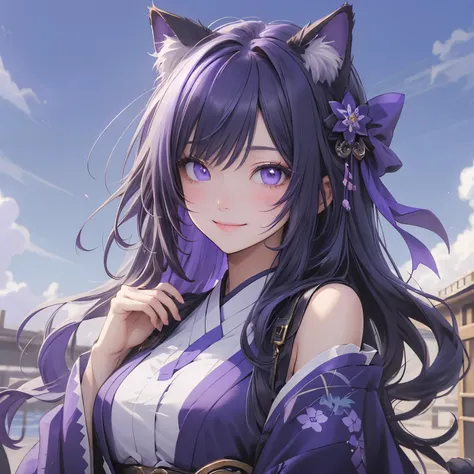 (masterpiece), Highest quality, Ultra-high resolution,Cat ears with a purple ribbon、Blue-purple hair、Violet eyes、blue-purple clothes、bluish purple sky、Rin、smile、Japanese style