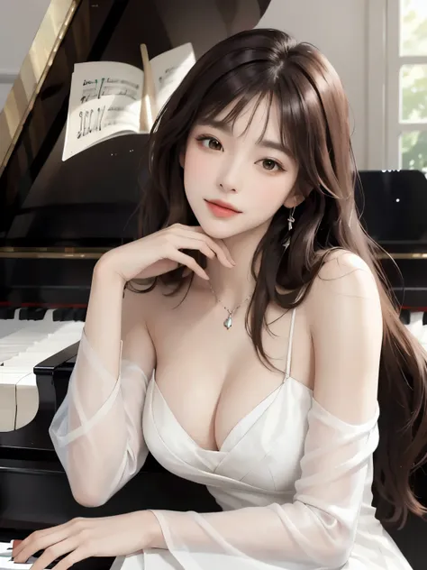 masterpiece, best quality, detailed beautifulface, One person, alone, Long brown hair, bangs、piano, musical instrument, Mischievous, dress, white dress, Cleavage、View your viewers, Particles of light, Mouth closed, indoor, jewelry, No sleeve, Exposing shou...