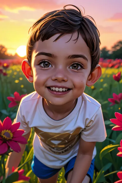 (((close-up face))). a joyful boy with short brown hair, 6yo, wearing a colorful t-shirt and shorts, running in a field of flowe...