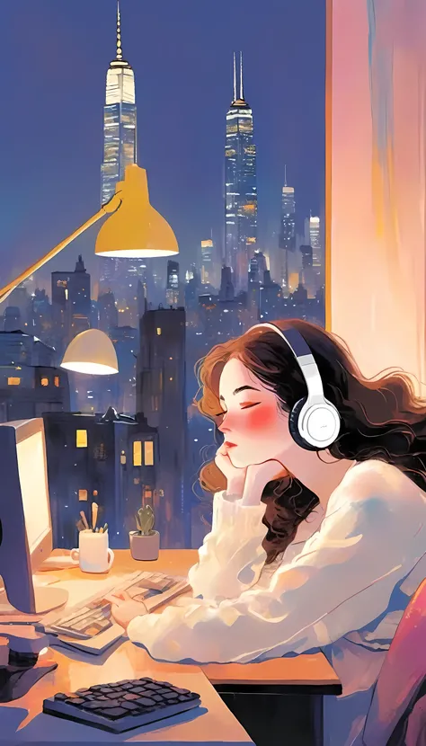 A young woman is sitting comfortably in a modern, cozy room with a cityscape visible through a large window at night. The main object of focus is the woman, who appears to be in her late teens or early twenties. She has long, wavy brown hair and is wearing...