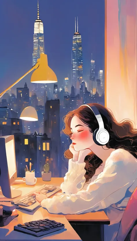 A young woman is sitting comfortably in a modern, cozy room with a cityscape visible through a large window at night. The main object of focus is the woman, who appears to be in her late teens or early twenties. She has long, wavy brown hair and is wearing...