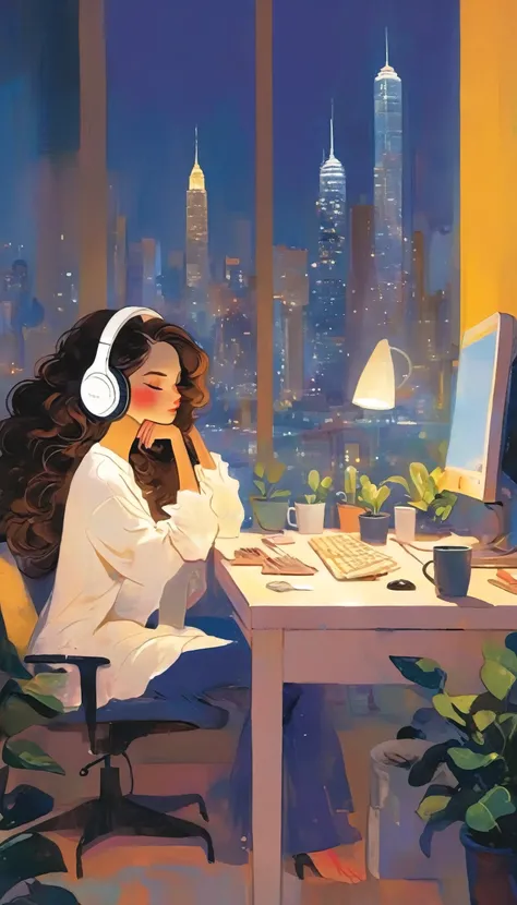 A young woman is sitting comfortably in a modern, cozy room with a cityscape visible through a large window at night. The main object of focus is the woman, who appears to be in her late teens or early twenties. She has long, wavy brown hair and is wearing...