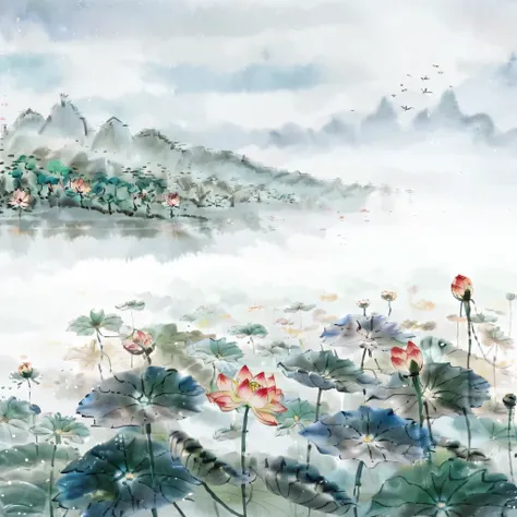 Chinese painting,Traditional Chinese ink painting,lotus,lotus,The bird is sitting on the lotus plate,Pink Lotus,,Background is landscape,Mountains