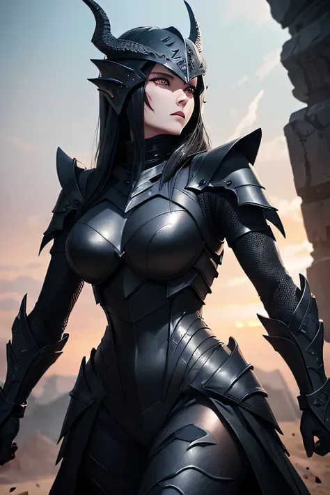 a slender female dragon knight in (((jet-black))) armor designed to resemble dragon scales, with a full helmet shaped like a dra...