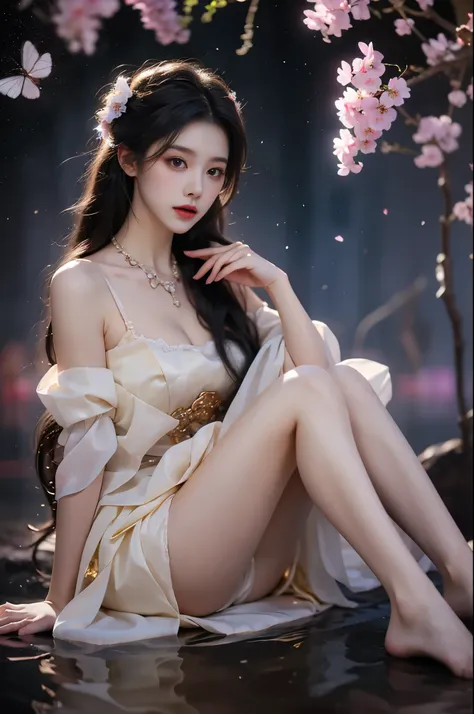 Beautiful dance, She gently lifted her skirt with one hand, Long legs , In the swimming pool, ((Flowing long hair))Official Art , Unity8k Wallpaper , Extremely detailed , Visible cleavage, Pretty and beautiful , 性感Long legs, masterpiece , best quality ,Pra...